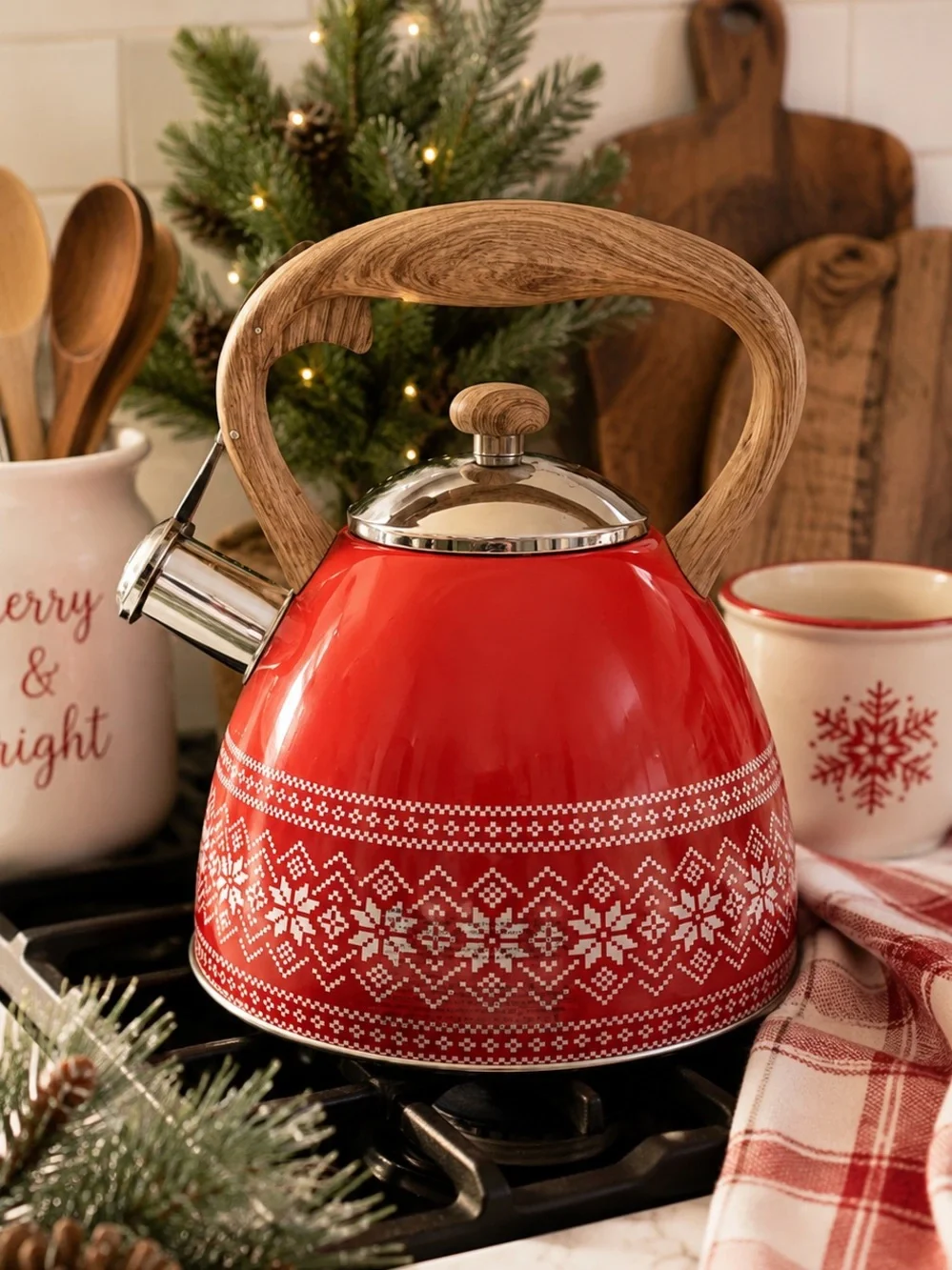Red Snowflake Tea Kettle Nordic Holiday Stovetop Whistling Kettle 2.6 Qt